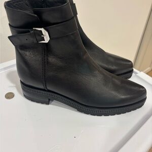 Aquatalia Black Leather Ankle Booties with Buckle Detail